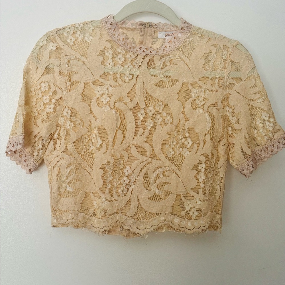 A.PEACH Lace Crop Top – Nude / Peach Floral Short Sleeve Blouse (Size S)